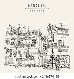 Bangkok, Thailand, Asia. Renovated canal Klong Ong Ang. Old laid back traditional houses in Chinatown. Travel sketch. Artistic vintage hand drawn touristic postcard. Vector illustration