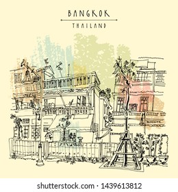 Bangkok, Thailand, Asia. Renovated canal Klong Ong Ang. Old laid back traditional houses in Chinatown. Travel sketch. Artistic vintage hand drawn touristic postcard. Vector illustration