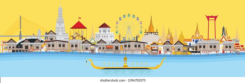 Bangkok in Thailand with attractions, landmarks and colorful palace. The Royal Barge Suphannahong. Vector illustration