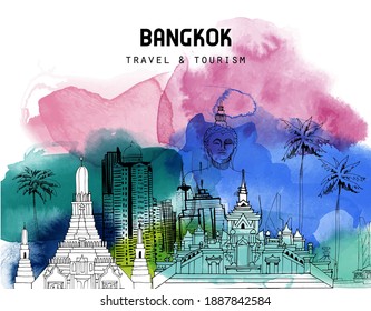 Bangkok and Thailand background. Landmark sketch and watercolor stains