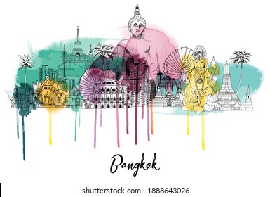 Bangkok and Thailand background. Landmark sketch and watercolor stains
