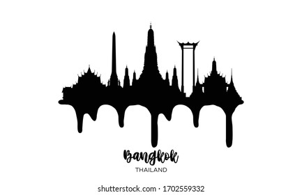 Bangkok Thailand black skyline silhouette vector illustration on white background with dripping ink effect.
