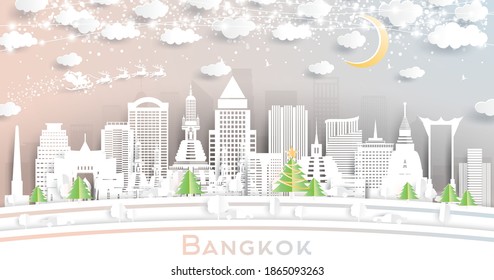 Bangkok Thailand City Skyline in Paper Cut Style with Snowflakes, Moon and Neon Garland. Vector Illustration. Christmas and New Year Concept. Santa Claus on Sleigh.