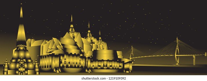 Bangkok and Thailand Golden paper cut vector style illustrations, ASEAN background