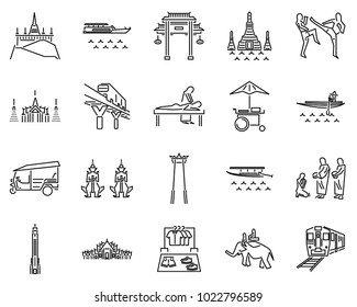 Bangkok thailand icons line sets. Symbol of Wat Pho,Grand Palace,Chatuchak Market,Boat Trip,Chao Phraya River,Thai Massage,Chinatown,Street Food,Wat Ben,Maeklong Railway Market,Tuk Tuk,Giant Swing,Phu