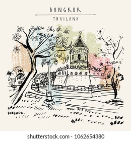 Bangkok, Thailand. Khaosan touristic area. Travel sketch. Hand drawn vintage travel postcard or poster, book illustration in vector