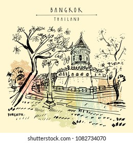 Bangkok, Thailand. Khaosan touristic area. Travel sketch. Hand drawn vintage travel postcard or poster, book illustration in vector