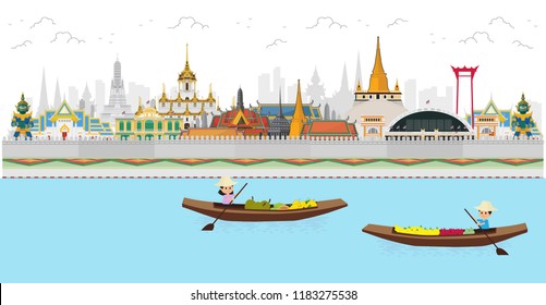 Bangkok in Thailand and Landmarks and Boat in a floating market in Thailand