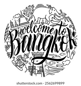 Bangkok, Thailand and Landmarks. Travel Attraction. Black and white image isolated on white background. Set vector symbols of Thailand. Typography, t-shirt graphics.