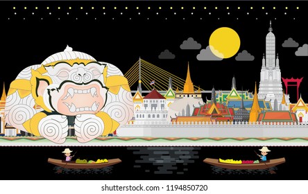 Bangkok in Thailand and Landmarks and travel place at night. vector illustration