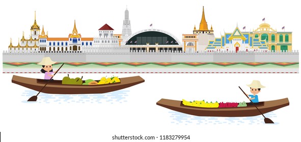 Bangkok in Thailand and Landmarks and travel place,temple, people selling fruit and vegetable on boat in floating market