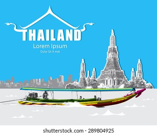 Bangkok, Thailand, Long tail boat infront of Wat Arun illustration vector.