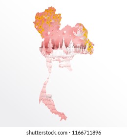 Bangkok, Thailand with map concept and Thai famous landmarks with flowers in paper cut style vector illustration. Travel poster, postcard and advertising design.