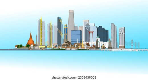 Bangkok, Tailandia, una ciudad moderna y un destino turístico de clase mundial. vector de ilustración de línea negra