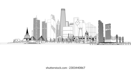 Bangkok, Thailand, a modern city and a world-class tourist destination. drawing black line art illustration vector