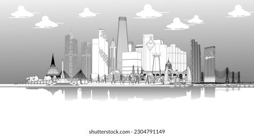 Bangkok, Thailand, a modern city and a world-class tourist destination. drawing black line art illustration vector