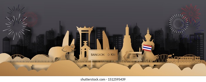Bangkok Thailand panorama postcard of world famous landmarks in paper cut style vector illustration