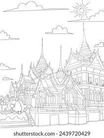 Bangkok, Thailand - Royal Grand Palace line art drawing for kids and adults coloring book