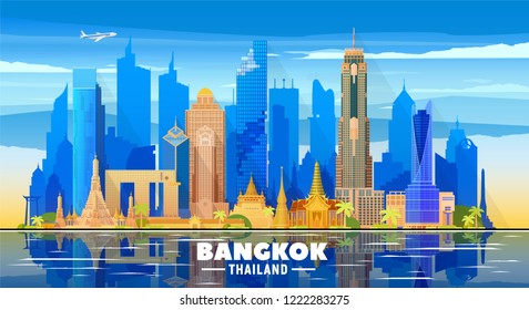 Bangkok ( Thailand ) skyline with panorama in sky background. Vector Illustration. Business travel and tourism concept with modern buildings.