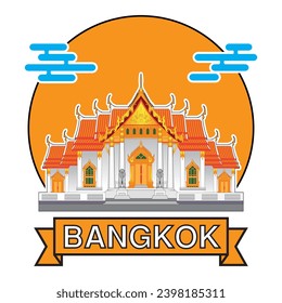 Bangkok Thailand symbol with famous beautiful marble temple Wat Benchamabophit Dusitvanaram drawing in colorful vector