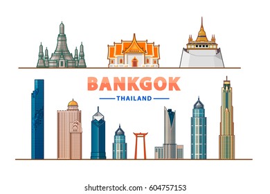 Bangkok (Thailand) Vector illustration. Most famous monument and buildings landmark.