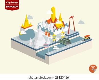 Bangkok Thailand,Bangkok city design in perspective,cute design of bangkok city consist of temple of the Emerald Buddha,Wat Arun Rajawararam,Wat Phrasrirattana Sasadaram,the giant swing