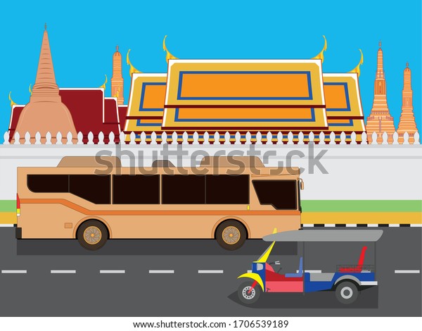 Bangkok Transportation with public bus and tuk tuk\
taxi background with The Royal Palace and Royal Temple - Wat phra\
kaew drawing in vector