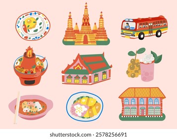 Bangkok travel elements in doodle style for landmarks, Thai architecture, local Thai food, Thai temple, Thailand, illustration, vector. 