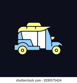 Bangkok tuk-tuk RGB color icon for dark theme. Three-wheeled vehicle. Motorized rickshaw. Thai transport. Isolated vector illustration on night mode background. Simple filled line drawing on black