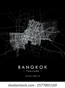 Bangkok vector map in black. Detailed map of Bangkok in Thailand. Best free vector illustration. Tourist decorative street map.