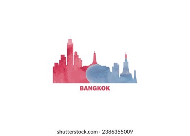 Bangkok watercolor cityscape skyline city panorama vector flat modern logo, icon. Thailand emblem concept with landmarks and building silhouettes. Isolated graphic
