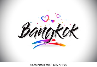 Bangkok Welcome To Word Text with Love Hearts and Creative Handwritten Font Design Vector Illustration.