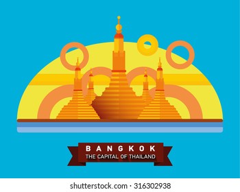 Bangkok,Thailand flat landscape of the city. Travel to Asia. Golden temple. Cultural sights. Religion symbol.