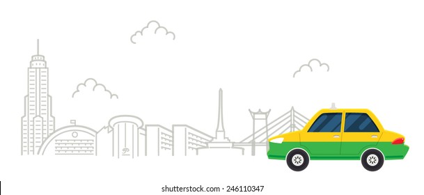 Bangkok,Thailand in line panorama cityscape with taxi background vector