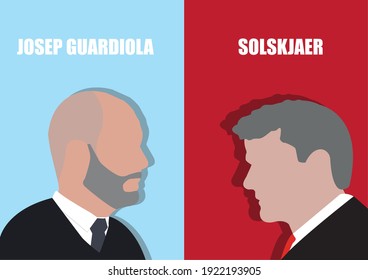 BANGKOK,THAILAND-FEBRUARY 22 , Illustration Of Josep Guardiola Against Solskjaer For EPL Champ On February 2,2021