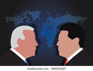 BANGKOK,THAILAND-JANUARY 10 , Illustration Of Joe Biden Against Xi Jinping, The President Of US And China Over World Map On JANUARY 10,2021