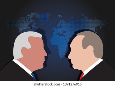 BANGKOK,THAILAND-JANUARY 10 , Illustration of Joe Biden Against Putin, The President of US and Russia over World Map on JANUARY 10,2021
