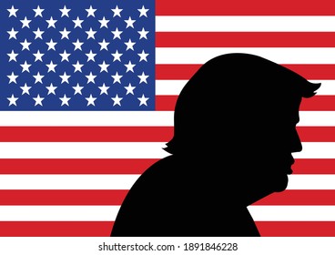 BANGKOK,THAILAND-JANUARY 11: Illustration of Silhouette Former US President Donald Trump Turn Back to United States of America Flag After Joe Biden Win the Election on January 11,2021