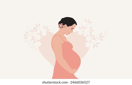 Bangla
Schwangere hält ihren Bauch. Aktive gut ausgestattete schwangere weibliche Figur. Konzept der Schwangerschaft, Familie, Elternschaft. Karte für Design, zukünftige Mutter umarmt Bauch mit Armen. Vektorillustration.