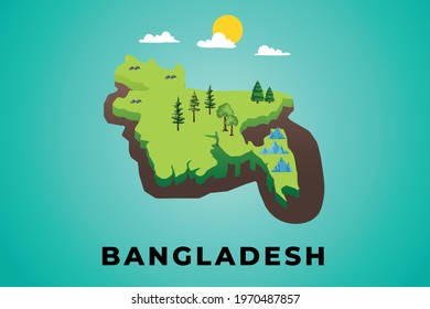 Bangladesh 3d isometric map with topographic details mountains, trees and soil vector illustration design