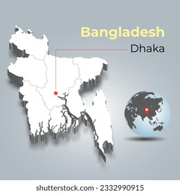 Bangladesh 3d map of with borders of regions