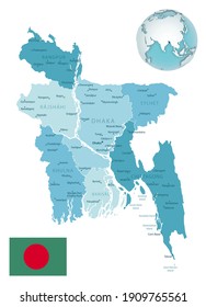 Bangladesh administrative blue-green map with country flag and location on a globe. Vector illustration