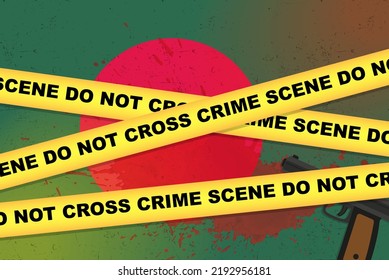 Bangladesh armed attack vector banner, shooting news concept, armed assault with gun and blood stain on Bangladesh flag, yellow police tape, crime scene composition, top view, flat design