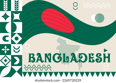 Bangladesh banner with cultural design. Independence day design for Bangladesh celebration. Modern neo geometric retro design with flag, map and abstract icons. Green and Red. Vector Illustration