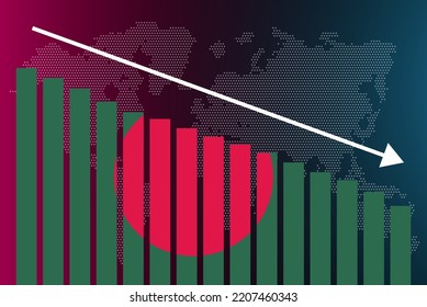 Bangladesh bar chart graph, decreasing values, crisis and downgrade concept, Bangladesh flag on bar graph, down arrow on data, news banner idea, fail and decrease, financial statistic