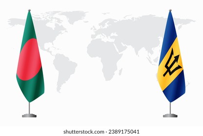 Bangladesh and Barbados flags for official meeting against background of world map.