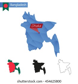 Bangladesh blue Low Poly map with capital Dhaka, versions with flag, black and outline. Vector Illustration.