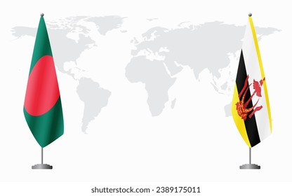 Bangladesh and Brunei flags for official meeting against background of world map.