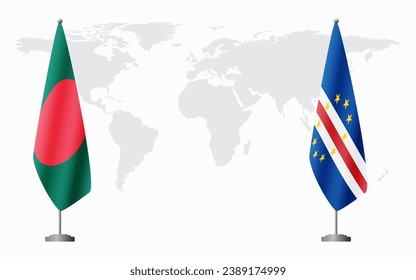 Bangladesh and Cape Verde flags for official meeting against background of world map.