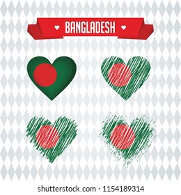 Bangladesh. Collection of four vector hearts with flag. Heart silhouette